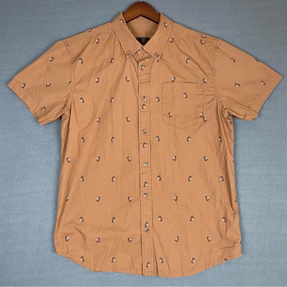 Prana Broderick Button Shirt Men’s Medium Brown Carabiners All Over Print Hiking - Picture 2 of 9